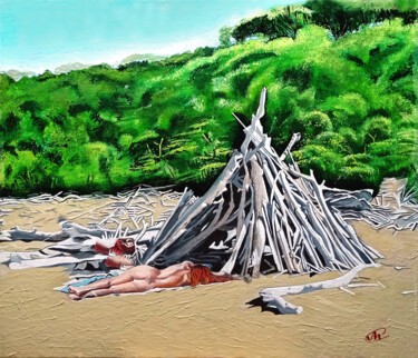 Schilderij getiteld "Nudo sulla spiaggia" door Cataldo Motolese, Origineel Kunstwerk, Olie