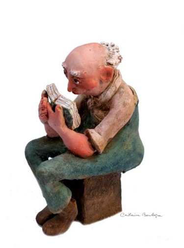 Sculpture intitulée "vieux liseur" par Catherine Boulogne, Œuvre d'art originale, Terre cuite