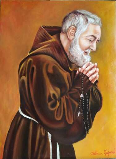 Painting titled "San Pio in preghiera" by Caterina Imperiale, Original Artwork, Oil