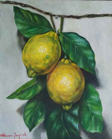 Painting titled "Limoni sul muro" by Caterina Imperiale, Original Artwork, Oil