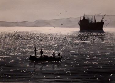 Pittura intitolato "Fishermen Compositi…" da Cathal O'Briain, Opera d'arte originale, Acquarello