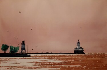 Painting titled "Chicago Harbour" by Cathal O'Briain, Original Artwork, Watercolor