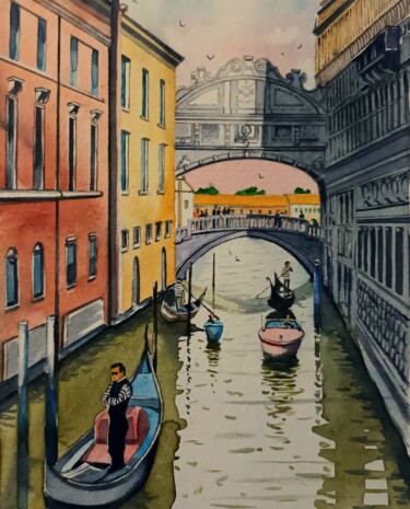 Painting titled "Bridge of Sighs, Ve…" by Cathal O'Briain, Original Artwork, Watercolor