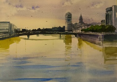 Pittura intitolato "The River Liffey, D…" da Cathal O'Briain, Opera d'arte originale, Acquarello