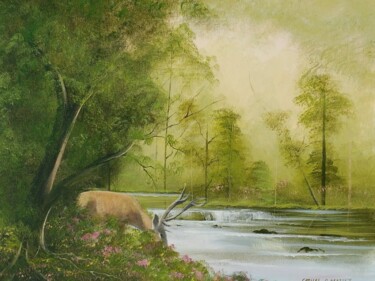 Картина под названием "Stag by the river" - Cathal O Malley, Подлинное произведение искусства, Акрил