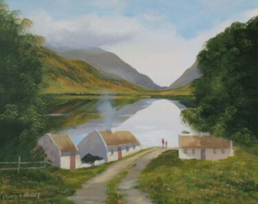 Schilderij getiteld "cottages by a lake" door Cathal O Malley, Origineel Kunstwerk, Acryl