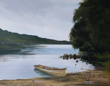 Painting titled "tranquil lake" by Cathal O Malley, Original Artwork, Acrylic Mounted on Wood Stretcher frame