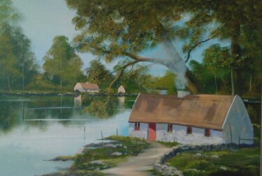 Schilderij getiteld "lakeside cottages" door Cathal O Malley, Origineel Kunstwerk, Acryl