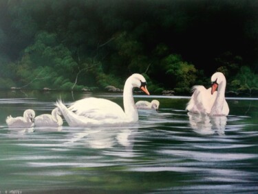 Painting titled "Renvyle swans" by Cathal O Malley, Original Artwork, Acrylic