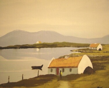 Painting titled "cottages by the sea" by Cathal O Malley, Original Artwork