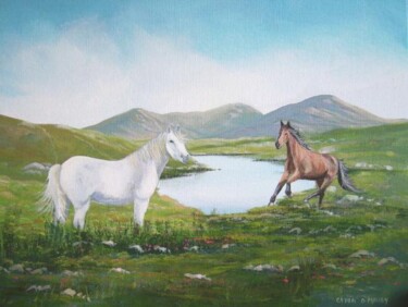Painting titled "ponies by a lake" by Cathal O Malley, Original Artwork