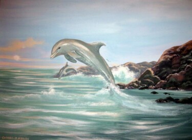 Painting titled "sunset dolphins" by Cathal O Malley, Original Artwork