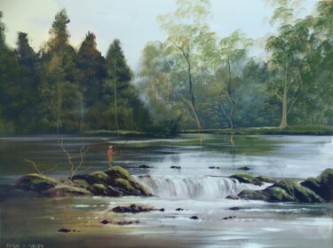 Painting titled "river fishing  july" by Cathal O Malley, Original Artwork