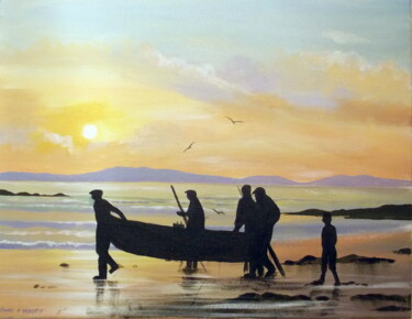 Painting titled "launching a currach" by Cathal O Malley, Original Artwork
