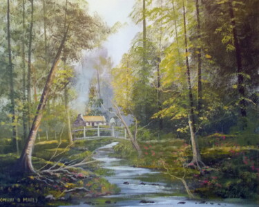 Painting titled "forest cottage" by Cathal O Malley, Original Artwork, Oil