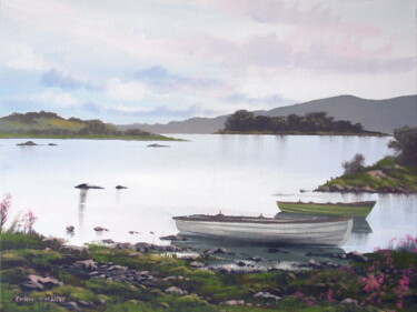 Painting titled "corrib lake boats" by Cathal O Malley, Original Artwork, Acrylic