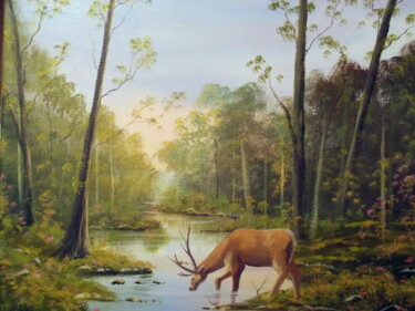 Картина под названием "stag in the forest" - Cathal O Malley, Подлинное произведение искусства, Акрил