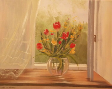 Painting titled "window flowers" by Cathal O Malley, Original Artwork, Acrylic