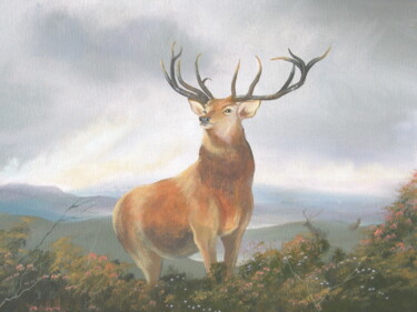 Картина под названием "stag on a hill" - Cathal O Malley, Подлинное произведение искусства, Акрил