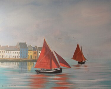 Painting titled "the claddagh boats" by Cathal O Malley, Original Artwork, Acrylic