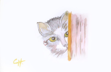 Painting titled "chat cache-cache" by Cathart, Original Artwork, Watercolor