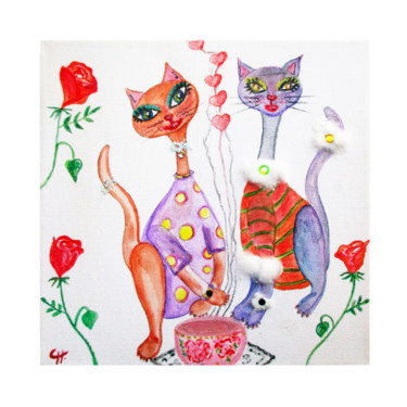 Collages intitulée "2-chats-a-l-heure-d…" par Cathart, Œuvre d'art originale, Autre