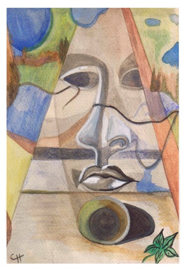 Peinture intitulée "Visage dans la pier…" par Cathart, Œuvre d'art originale, Aquarelle