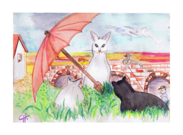 Peinture intitulée "les 3 chats sous l'…" par Cathart, Œuvre d'art originale, Aquarelle