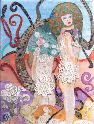 Collages intitulée "Femmes en dentelle…" par Cathart, Œuvre d'art originale, Textiles