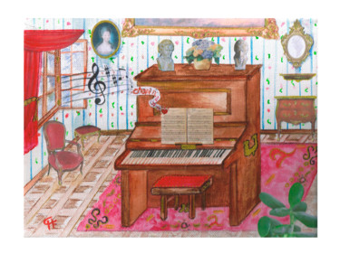 Disegno intitolato "Le piano de mon enf…" da Cathart, Opera d'arte originale, Acquarello