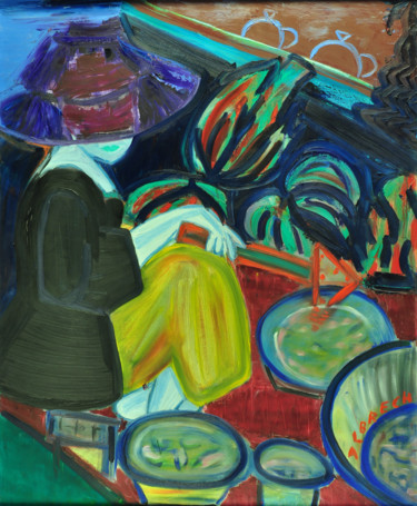 Painting titled "Marché sur l'eau" by Catherine Albrech, Original Artwork, Oil