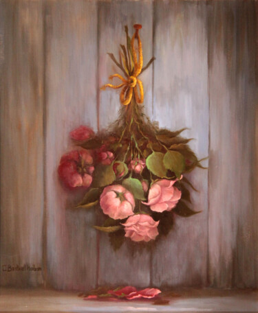 Painting titled "Bouquet de Roses" by Catherine Bantwell Huiban, Original Artwork, Oil Mounted on Wood Stretcher frame