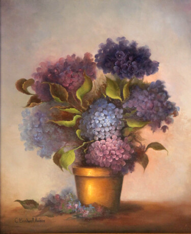 Painting titled "Les Hortensias" by Catherine Bantwell Huiban, Original Artwork, Oil Mounted on Wood Stretcher frame