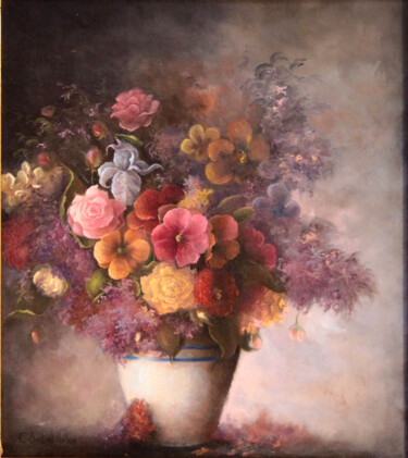 Painting titled "Bouquet de fleurs" by Catherine Bantwell Huiban, Original Artwork, Oil Mounted on Wood Panel