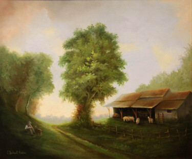 Painting titled "Environs de Milly l…" by Catherine Bantwell Huiban, Original Artwork, Oil Mounted on Wood Stretcher frame