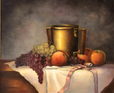 Painting titled "Fruits et Laiton" by Catherine Bantwell Huiban, Original Artwork, Oil Mounted on Wood Stretcher frame