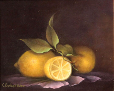 Painting titled "Les Citrons" by Catherine Bantwell Huiban, Original Artwork, Oil Mounted on Wood Stretcher frame
