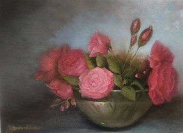 Painting titled "Les roses" by Catherine Bantwell Huiban, Original Artwork, Oil Mounted on Wood Stretcher frame