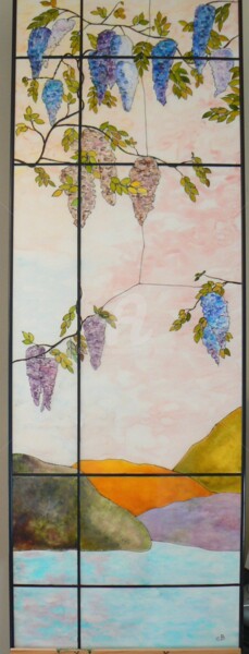 Painting titled "Les glycines" by Catherine Bosser, Original Artwork, Stained glass painting Mounted on Wood Panel