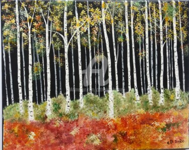 Painting titled "La forêt" by Catherine Bosser, Original Artwork, Stained glass painting Mounted on Wood Stretcher frame