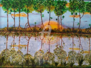 Malerei mit dem Titel "Les reflets" von Catherine Bosser, Original-Kunstwerk, Glasmalerei Auf Keilrahmen aus Holz montiert