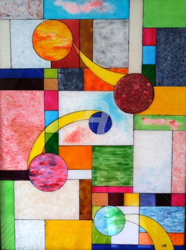 Schilderij getiteld "Vitrail "Mondrian"" door Catherine Bosser, Origineel Kunstwerk, Gebrandschilderd glas Gemonteerd op Fra…