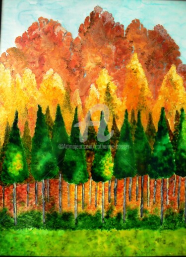 Painting titled "Automne" by Catherine Bosser, Original Artwork, Stained glass painting Mounted on Wood Stretcher frame