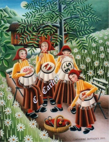 Peinture intitulée "Les Brodeuses dans…" par Catherine  Carlier, Œuvre d'art originale, Huile