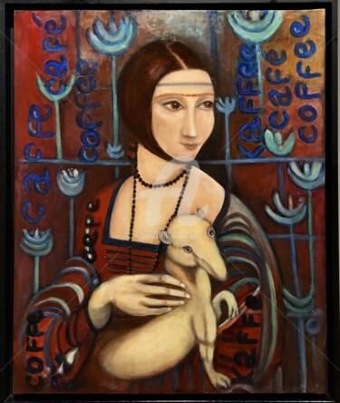 Painting titled "Café Hermine" by Catherine Clare, Original Artwork, Oil Mounted on Wood Stretcher frame