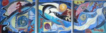 Peinture intitulée "Sirène et dauphins" par Catherine Clare, Œuvre d'art originale, Huile