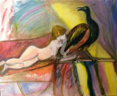 Painting titled "PAON on the coach" by Catherine Clare, Original Artwork, Oil Mounted on Wood Stretcher frame