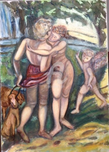 Painting titled "Vénus et Adonis" by Catherine Clare, Original Artwork, Oil Mounted on Wood Stretcher frame