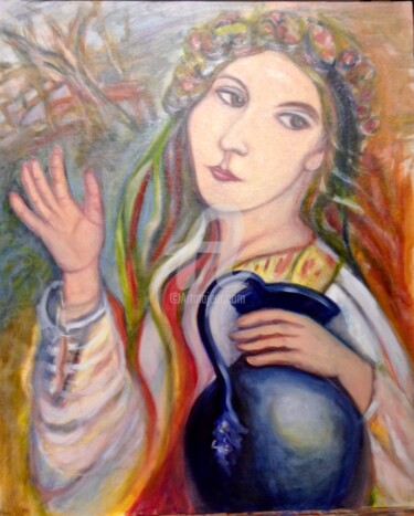 Painting titled "jeune-fille-au-broc" by Catherine Clare, Original Artwork, Oil