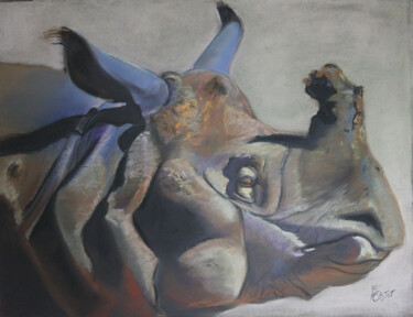 Peinture intitulée "Rhinocéros" par Catherine Costet (Lccat), Œuvre d'art originale, Pastel